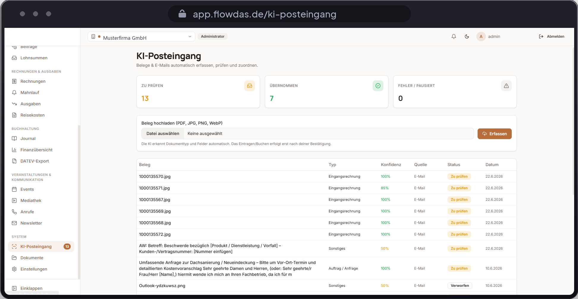 Flowdas — KI-Posteingang: Belege und E-Mails automatisch erfassen, prüfen und zuordnen